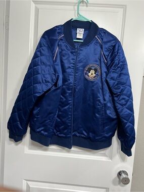 Disney World 50th Anniversary Navy Blue Mickey Embroidered Satin Puffer Jacket